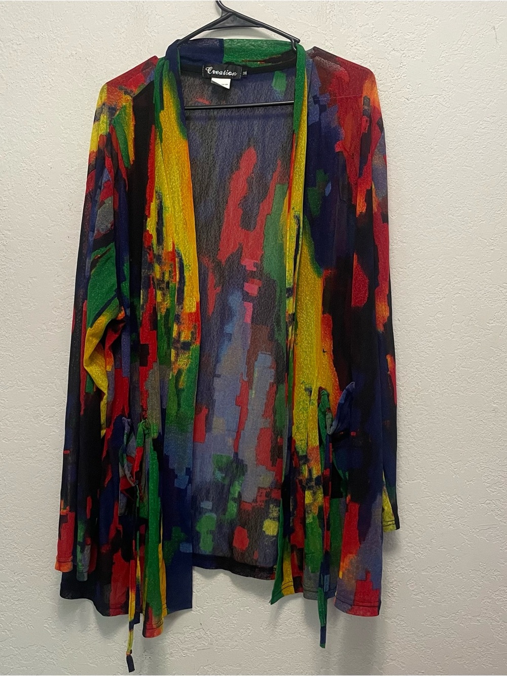 Creation Women's Mesh Arty Colorful Abstract Open Front Long Line Cardigan Sz 3X